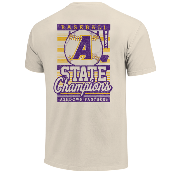 Ashdown Panthers 2025 Baseball Pinstripe State Champs Short Sleeve Comfort Color T-Shirt