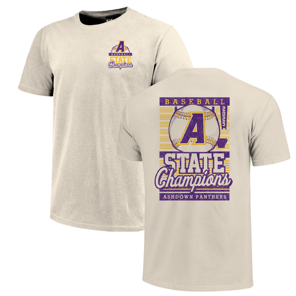 Ashdown Panthers 2025 Baseball Pinstripe State Champs Short Sleeve Comfort Color T-Shirt