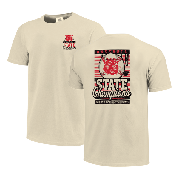Harding Academy Wildcats 2025 Baseball Pinstripe State Champs Short Sleeve Comfort Color T-Shirt
