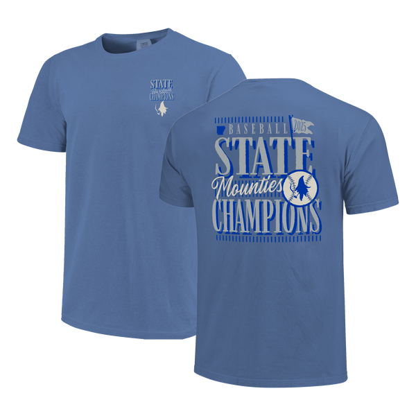 Rogers Mounties 2025 Baseball State Champs Pinstripe Stack Short Sleeve Comfort Color T-Shirt